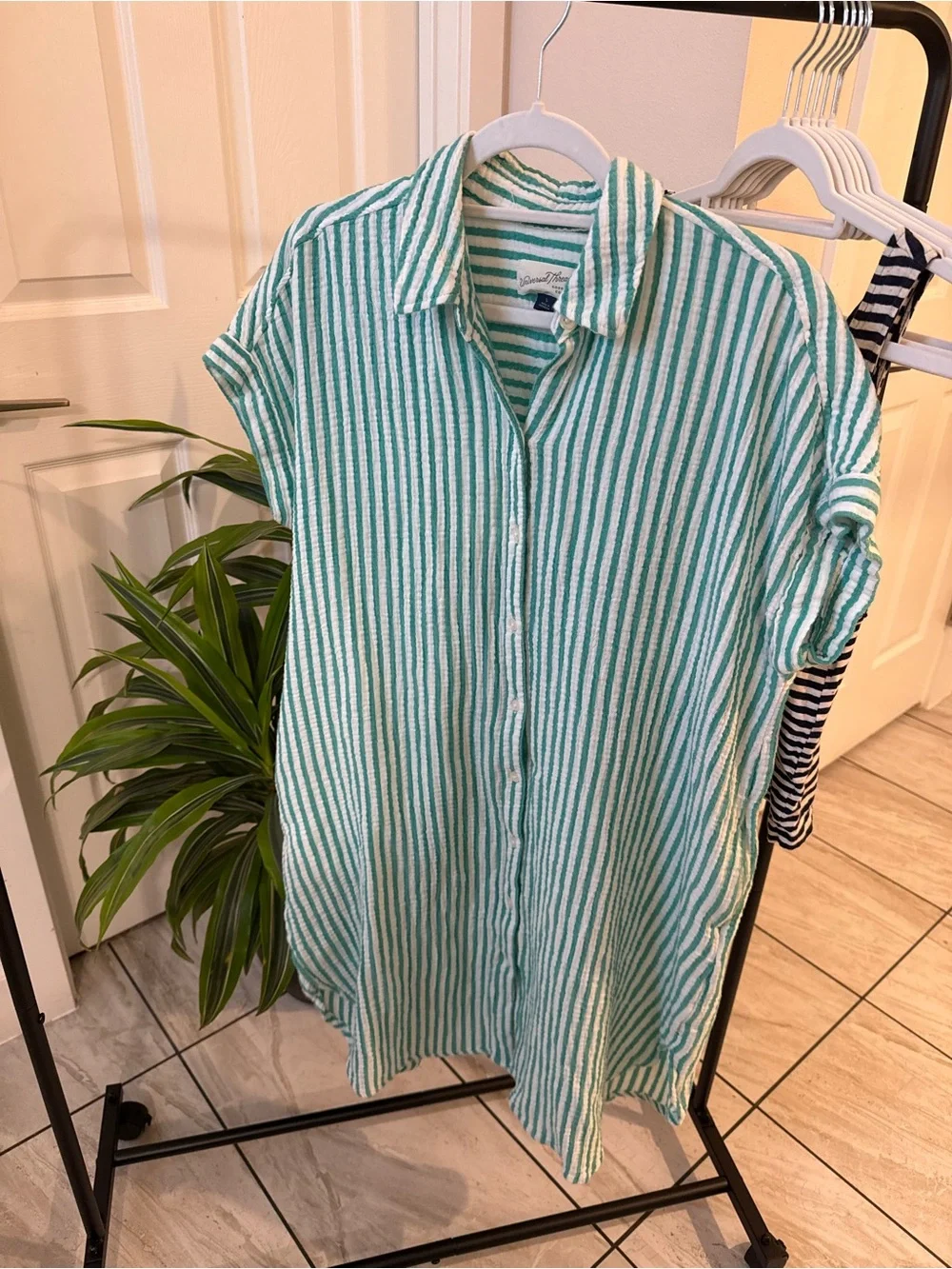 Universal Thread Green and White Striped Button-Down Shirt Dress - Picture 1 of 1